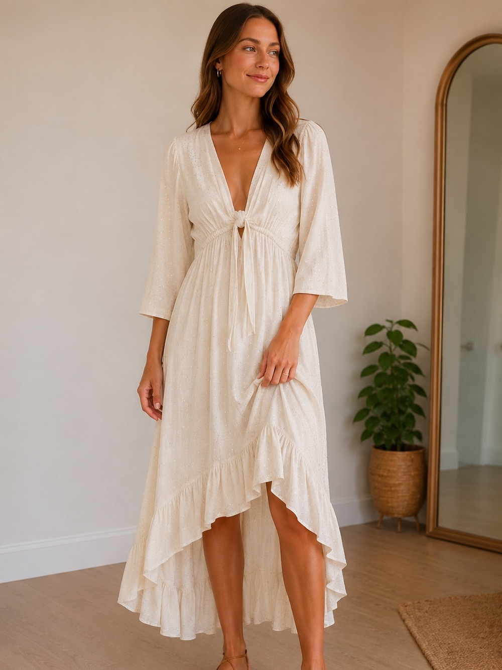 Women's Cream High-Low Tie-Front Maxi Dress